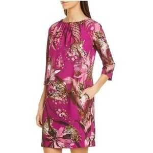 NWT Fuzzi Azalea Magenta Leopard Floral Tropical Print Shift Dress IT 42 US 6